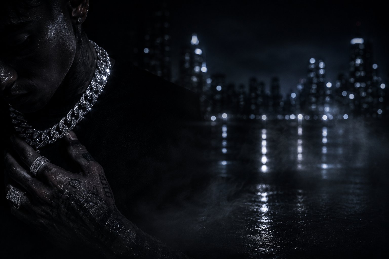 Dark industrial concrete interior with angular walls, dramatic lighting, and wet floor creating moody atmosphere