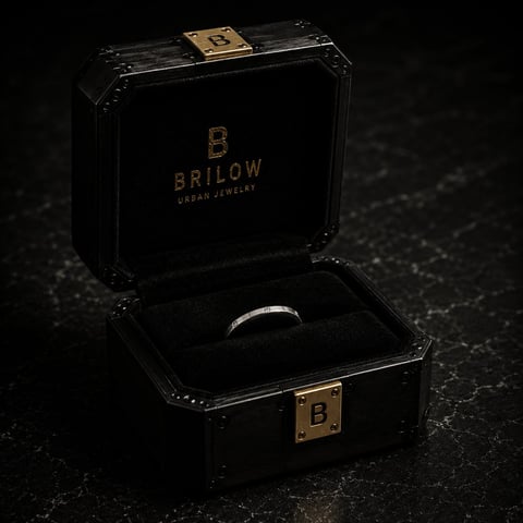 Brilow wedding ring displayed in an open black jewelry box with gold accents on dark surface