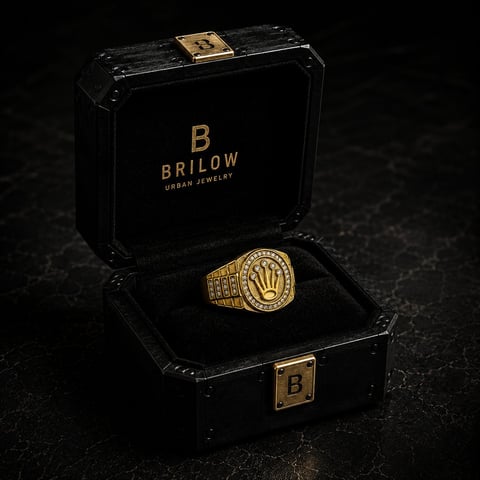 Gold signet ring with crown emblem displayed in open black Brilow luxury jewelry box