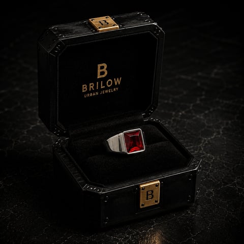 Brilow Urban Jewelry black box with gold hardware displaying a red gemstone ring on black velvet