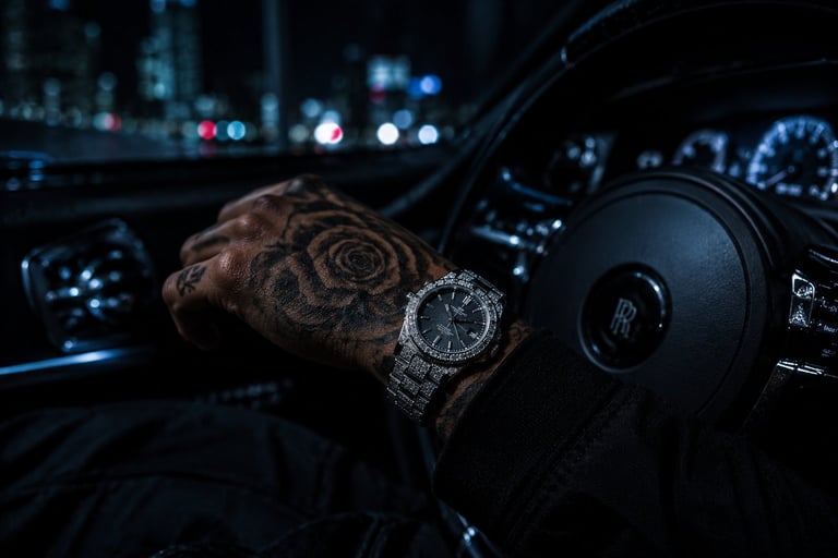 Four luxury Brilow watches displayed in black gift boxes on a textured dark surface, featuring silver and gold-toned designs