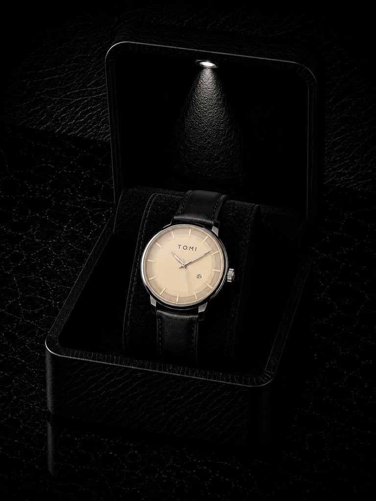 Luxury cream dial chronograph watch with black leather strap displayed in open black presentation box