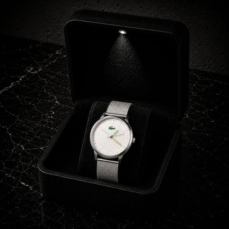 Silver minimalist watch with mesh band displayed in an open black gift box on dark marble surface