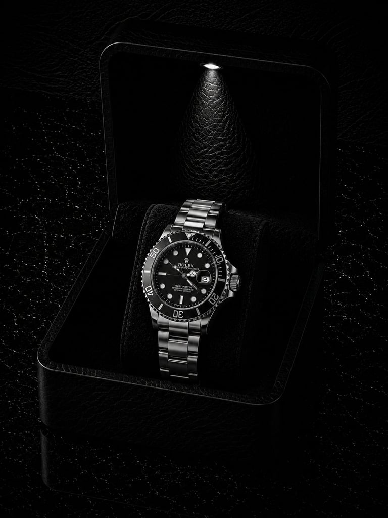 A stainless steel watch with black dial displayed in an open black luxury gift box against a dark speckled background