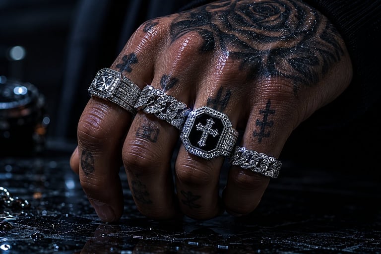 Five luxury rings displayed on a textured dark surface, including diamond, gold, and silver styles with various designs