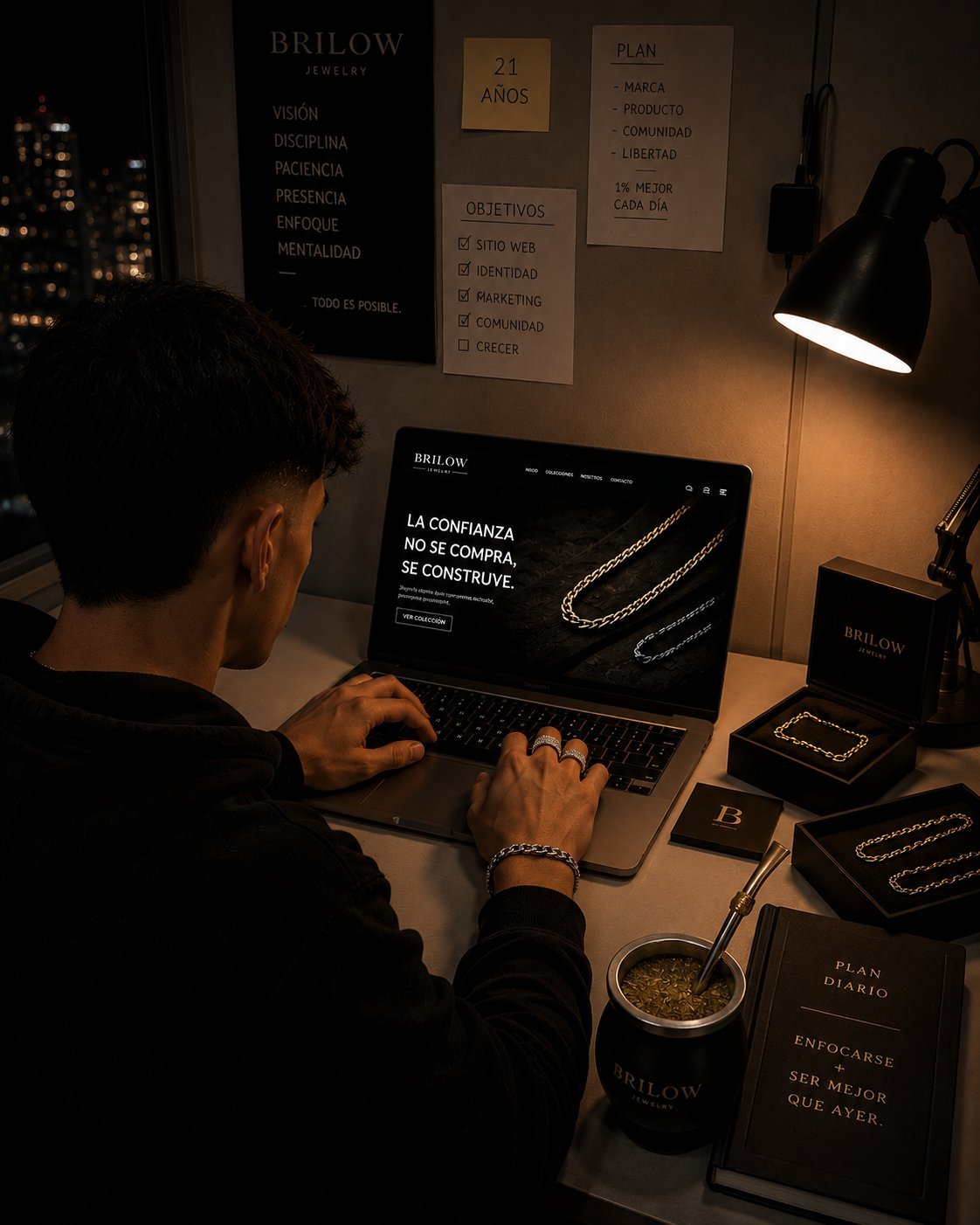 Person working on laptop at desk with jewelry, notebooks, and mood boards displaying Brilow brand content and designs