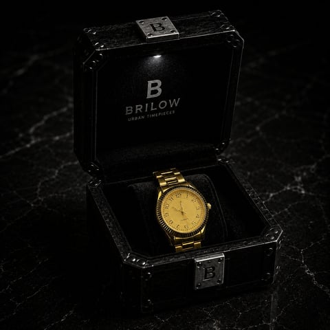 Reloj de lujo Brilow dorado exhibido en caja negra de presentación abierta sobre superficie de mármol oscuro