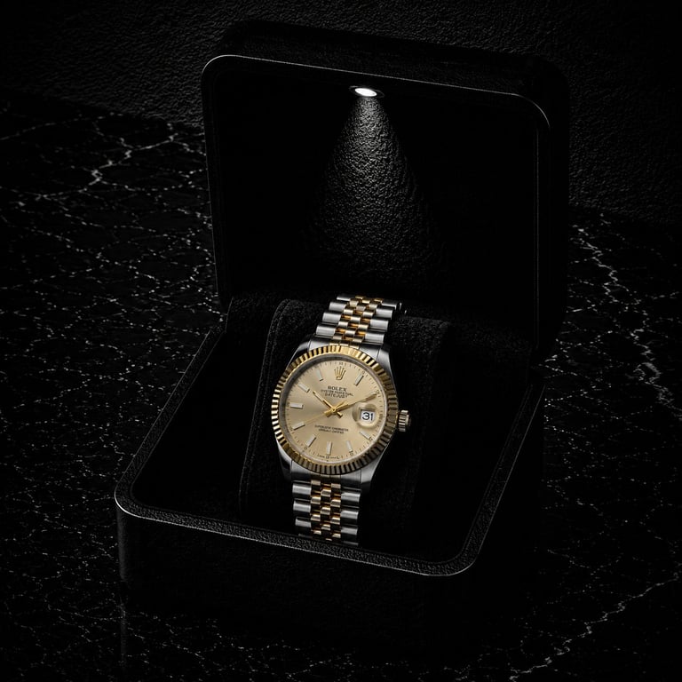 Luxury two-tone wristwatch with champagne dial displayed in open black presentation box