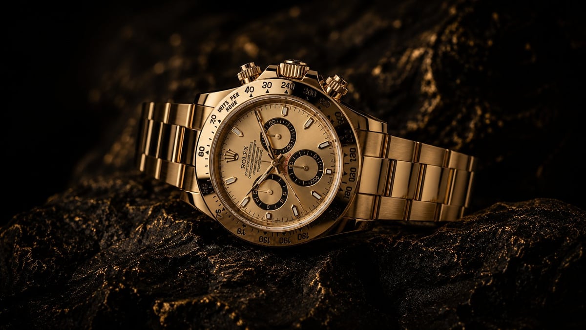 Gold chronograph watch with metal bracelet resting on textured dark stone surface