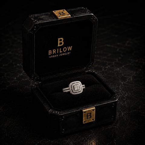 Diamond engagement ring displayed in open Brilow black leather jewelry box with gold clasp on dark surface