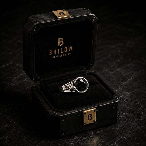 Silver signet ring with dark stone displayed in open black Brilow jewelry box with gold accents