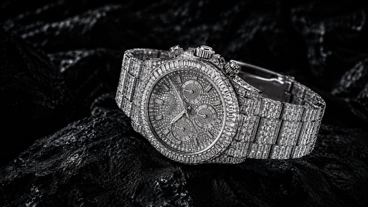 Luxury diamond-encrusted chronograph watch on black textured surface, monochrome product photography