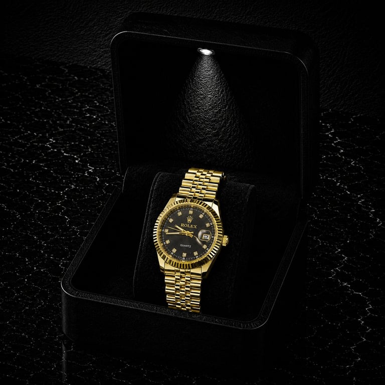 Gold watch with black dial displayed in black luxury box with spotlight lighting on dark textured background