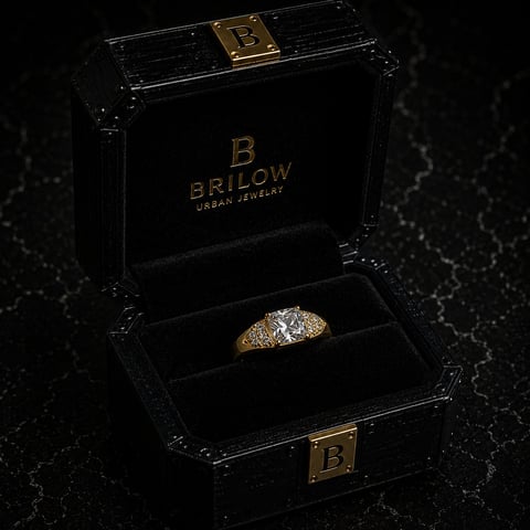 Gold diamond ring in open black Brilow jewelry box with gold accents on dark surface