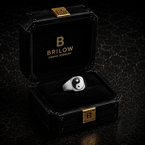 Silver yin-yang signet ring displayed in open black Brilow Urban Jewelry box with gold accents
