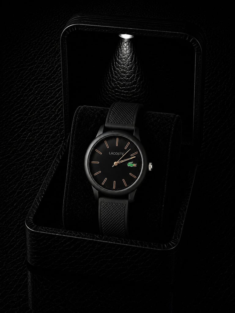 Black Lacoste watch with mesh band displayed in an open black leather box against dark background