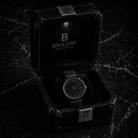Brilow minimalist watch displayed in open black case with metal clasps on marble surface