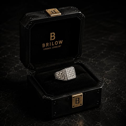Brilow urban jewelry brand black box with gold clasp displaying a diamond-encrusted silver ring on black velvet