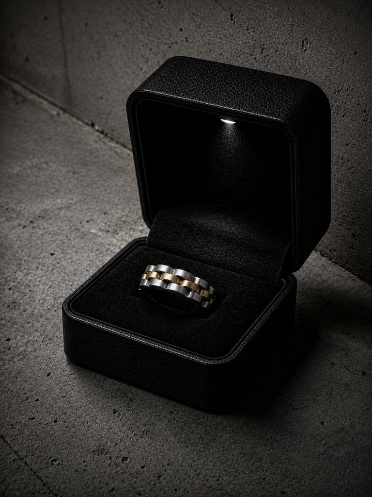 Open black velvet jewelry box displaying a silver and gold two-tone band ring on a gray textured background