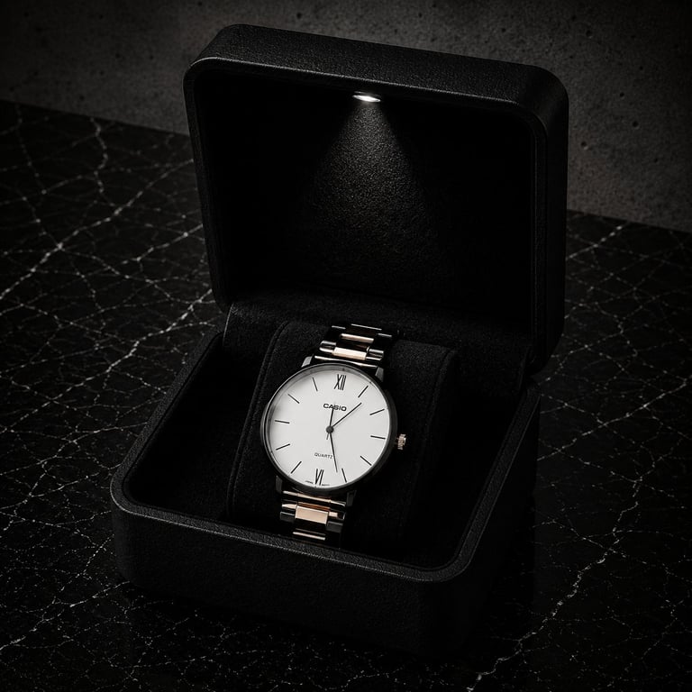 Silver and white wristwatch with Roman numerals displayed in an open black presentation box