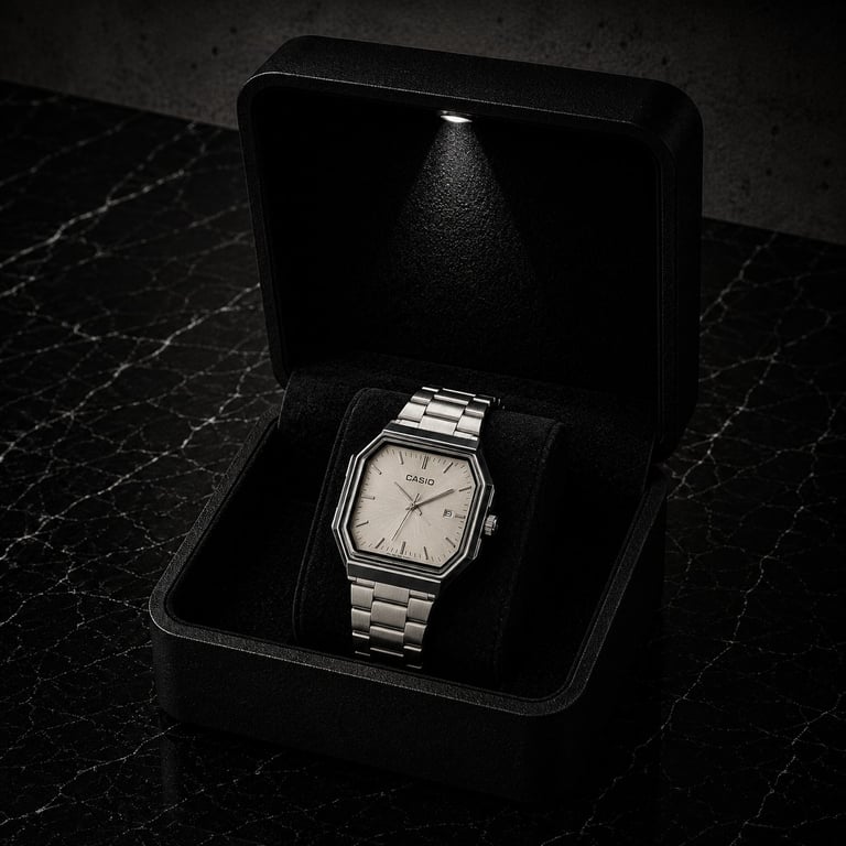 Silver rectangular watch with metallic band displayed in open black presentation box on marble surface