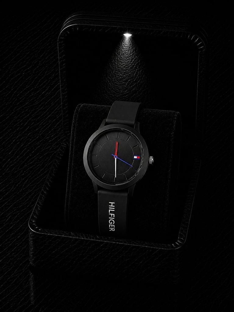 Black Tommy Hilfiger watch with minimalist dial displayed on dark textured surface with dramatic lighting