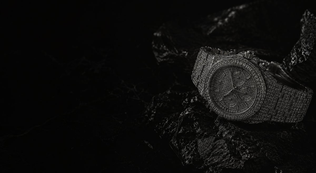 Close-up of a luxury diamond-encrusted watch with metal band on dark textured background
