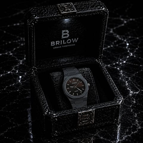 Black Brilow urban timepiece watch displayed in an open textured case against a dark sparkly background