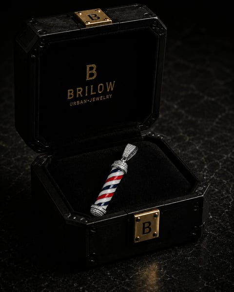 Brilow urban jewelry barber pole striped pendant in open black luxury box with gold clasp