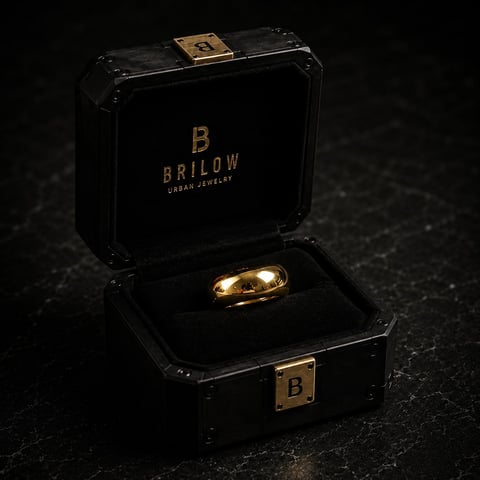 Gold wedding band in open Brilow black jewelry box with gold logo on dark surface