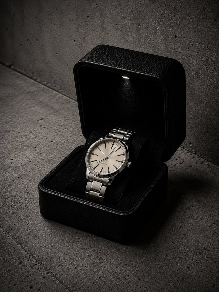 Silver watch with white dial inside an open black leather presentation box on a concrete surface