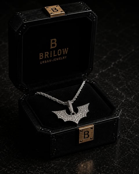 Open black Brilow Urban Jewelry box displaying a silver bat-shaped pendant necklace with crystal details
