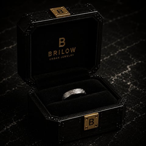 Black luxury jewelry box by Brilow with gold accents displaying a silver band ring inside on dark speckled surface