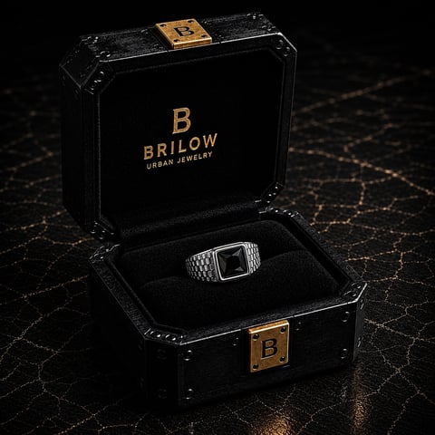 Brilow urban jewelry black leather box with gold-tone hardware displaying a textured silver ring with black stone center on black velvet interior