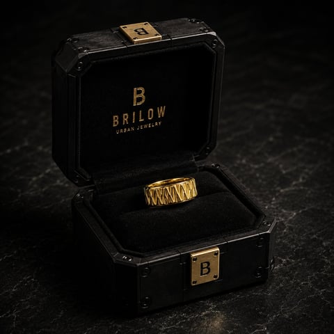 Gold textured ring displayed in open black Brilow jewelry box with gold logo on dark surface
