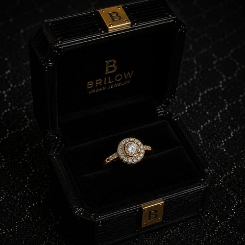 Gold and diamond halo engagement ring displayed in open black Brilow luxury jewelry box with gold accents