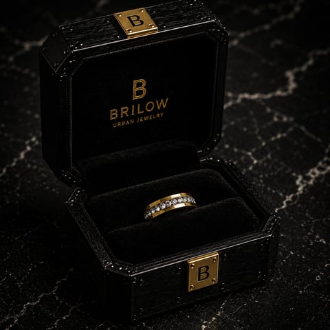 Gold and diamond band ring displayed in a black Brilow Urban Jewelry box with gold hardware and branding