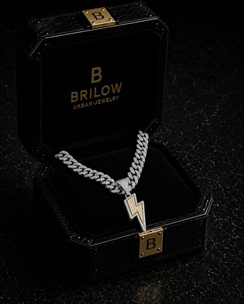 Brilow Urban Jewelry diamond chain necklace with lightning bolt pendant displayed in black branded box