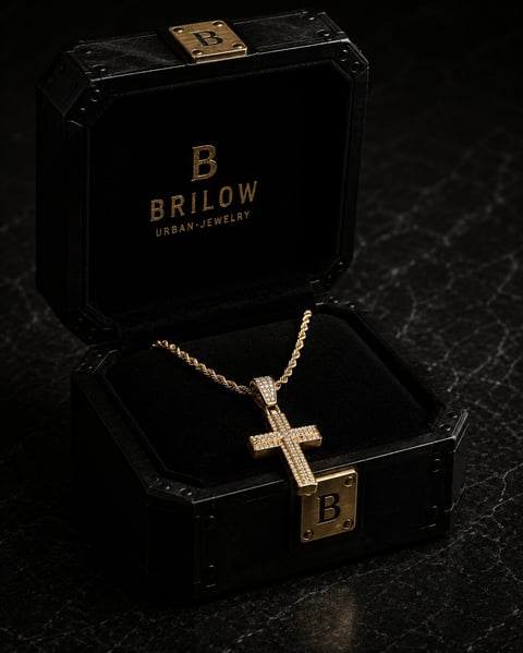 Gold cross pendant necklace displayed in open Brilow luxury jewelry box on dark surface