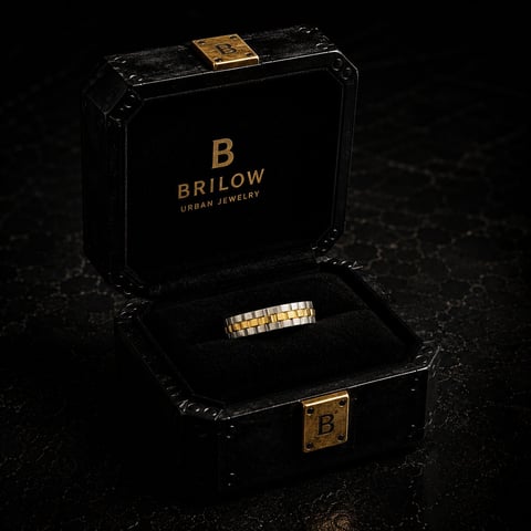 Gold and diamond ring displayed in open black Brilow Urban Jewelry box with gold clasp on dark surface