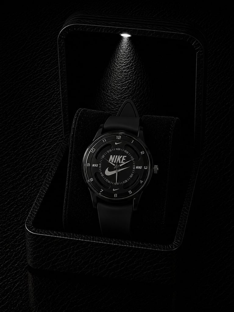 Black Nike watch with leather strap displayed on a textured black leather stand, shot against a dark background