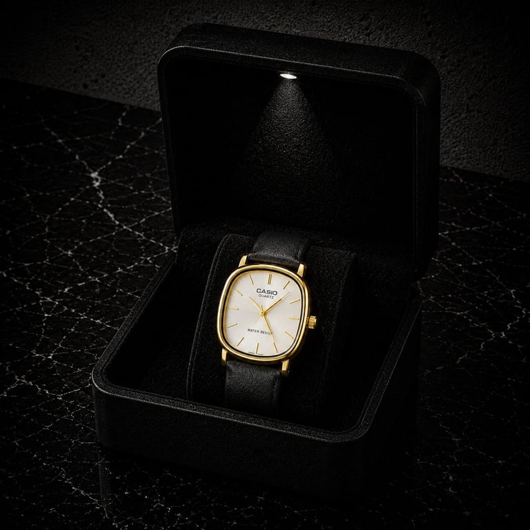 Gold square-face Casio watch with black leather strap displayed in open black gift box