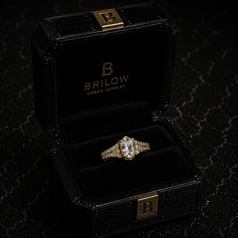 Elegant diamond engagement ring displayed in Brilow luxury jewelry box with black velvet interior and gold logo