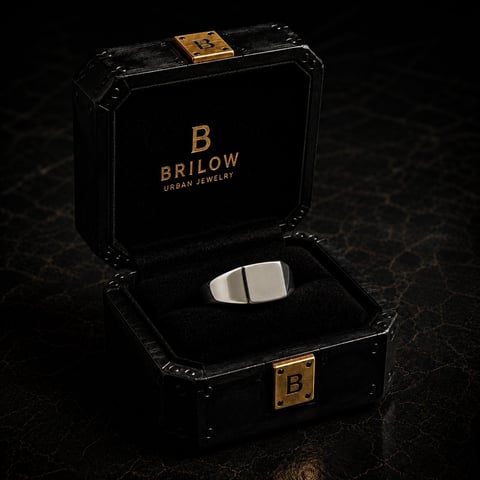 Silver signet ring displayed in an open black Brilow Urban Jewelry box with gold logo and clasp