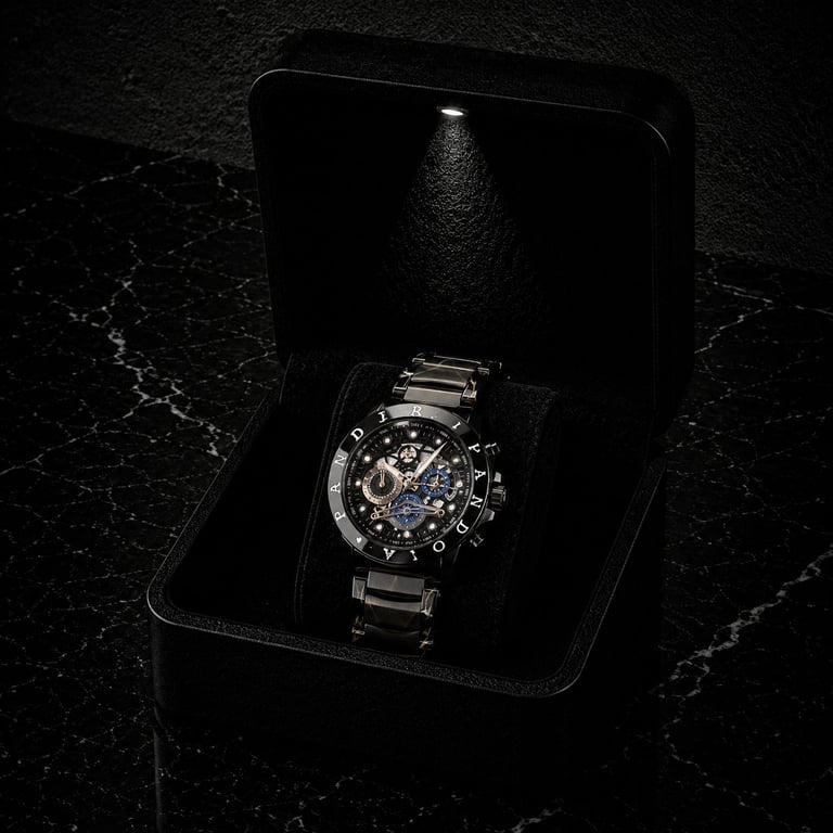 Luxury chronograph watch with metal band displayed in open black presentation box on dark marble surface