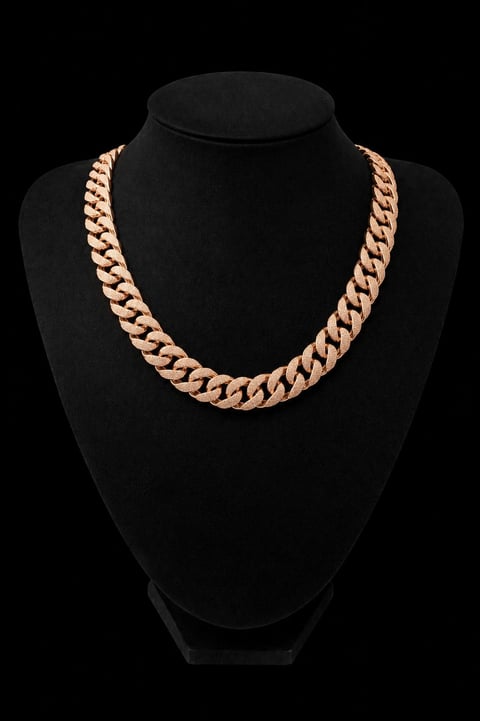 Rose gold chunky curb chain necklace displayed on a black velvet mannequin bust