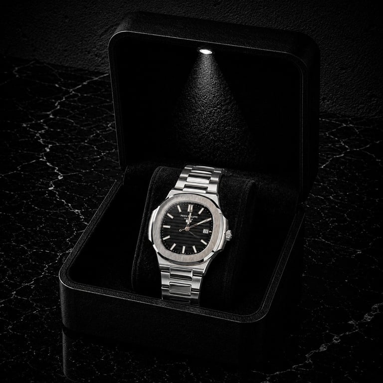 Luxury silver stainless steel watch with black dial displayed in an open black presentation box on a dark marbled surface