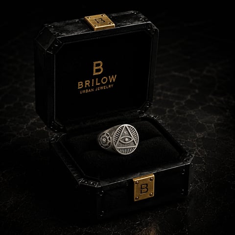 Silver statement ring with all-seeing eye design displayed in open Brilow black marble jewelry box with gold clasp