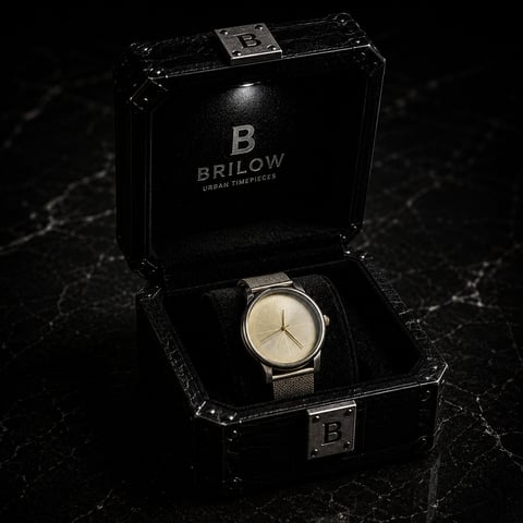 Brilow watch in black luxury presentation box on dark textured surface
