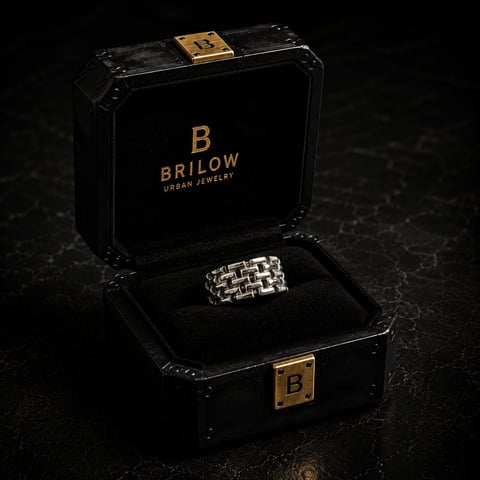 Silver chain link ring displayed in open black Brilow Urban Jewelry box with gold accents on dark surface